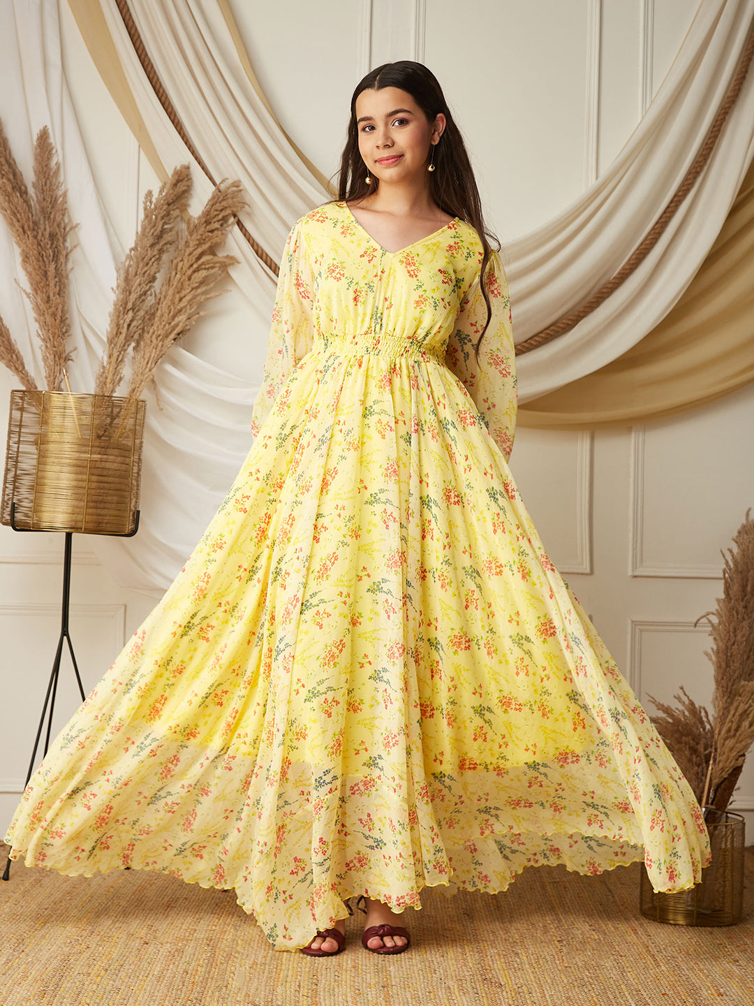 Multicolored-Base-Lime Yellow V-Neck Bishop Sleeve Floral Gathered Chiffon Maxi Dress