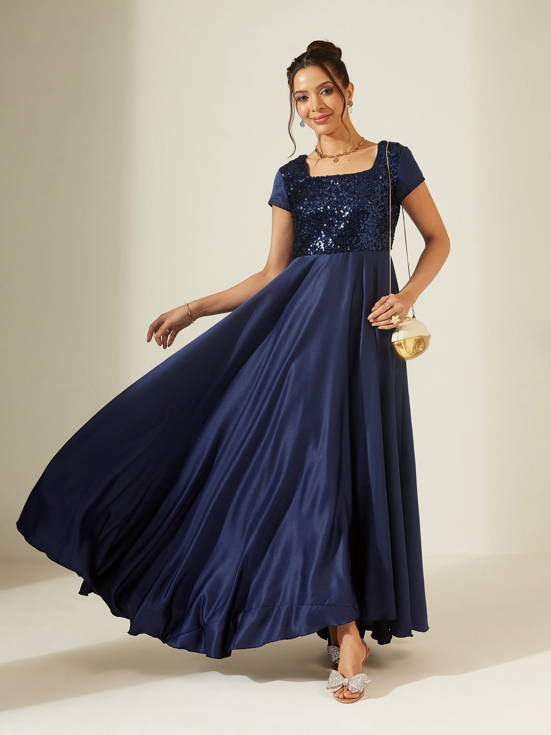 Navy Blue Square Neck Short Sleeve Embellished Polyester Fit & Flare Maxi Dress for Women