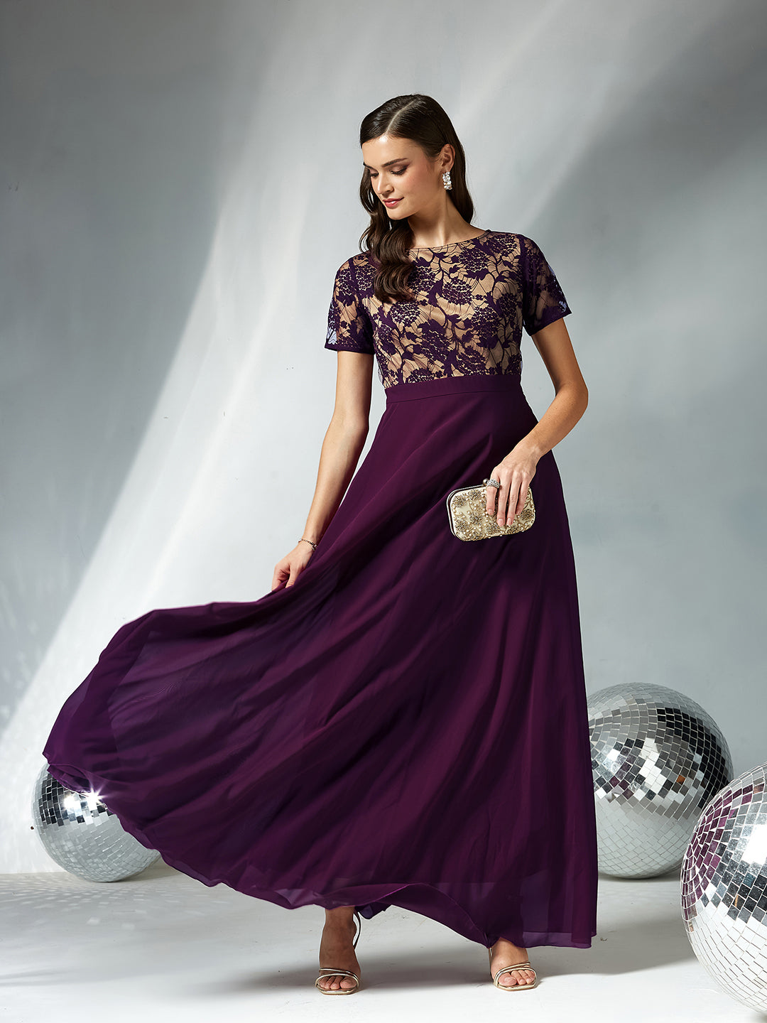 Women's Dark Purple Round Neck Half Sleeve Self Design Fit & Flare Georgette Maxi Dress