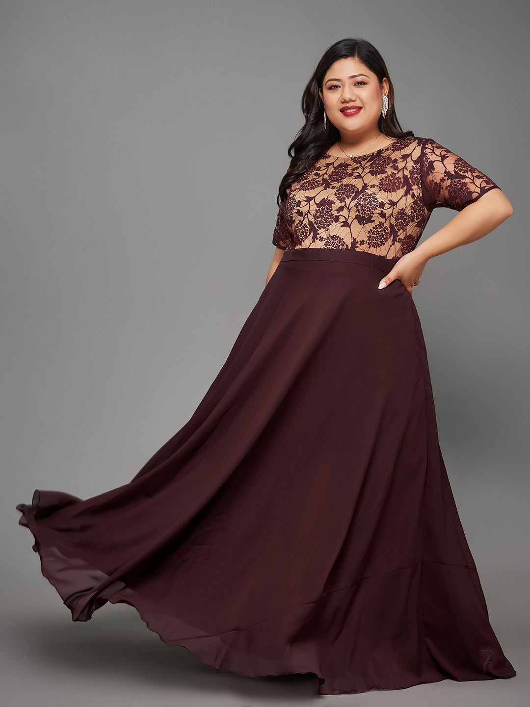 Wine Short Sleeves Lace Fit and Flare Maxi Dress Long Dress Gown Frock for Women | Bridesmaids' Favourites