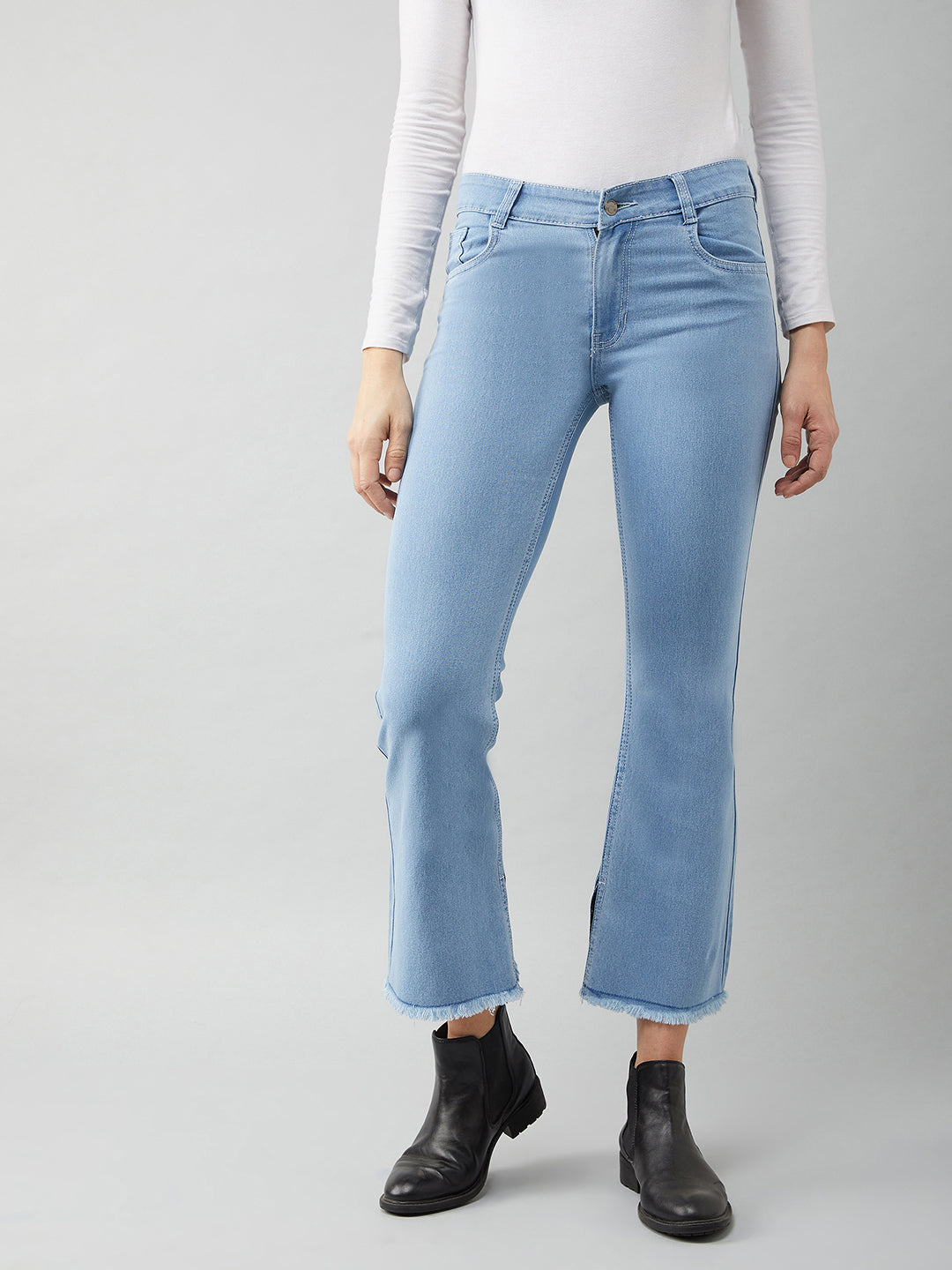 Women's Light Blue Bell-Bottom Semi Bootcut High-Rise Cropped Stretchable Denim Jeans