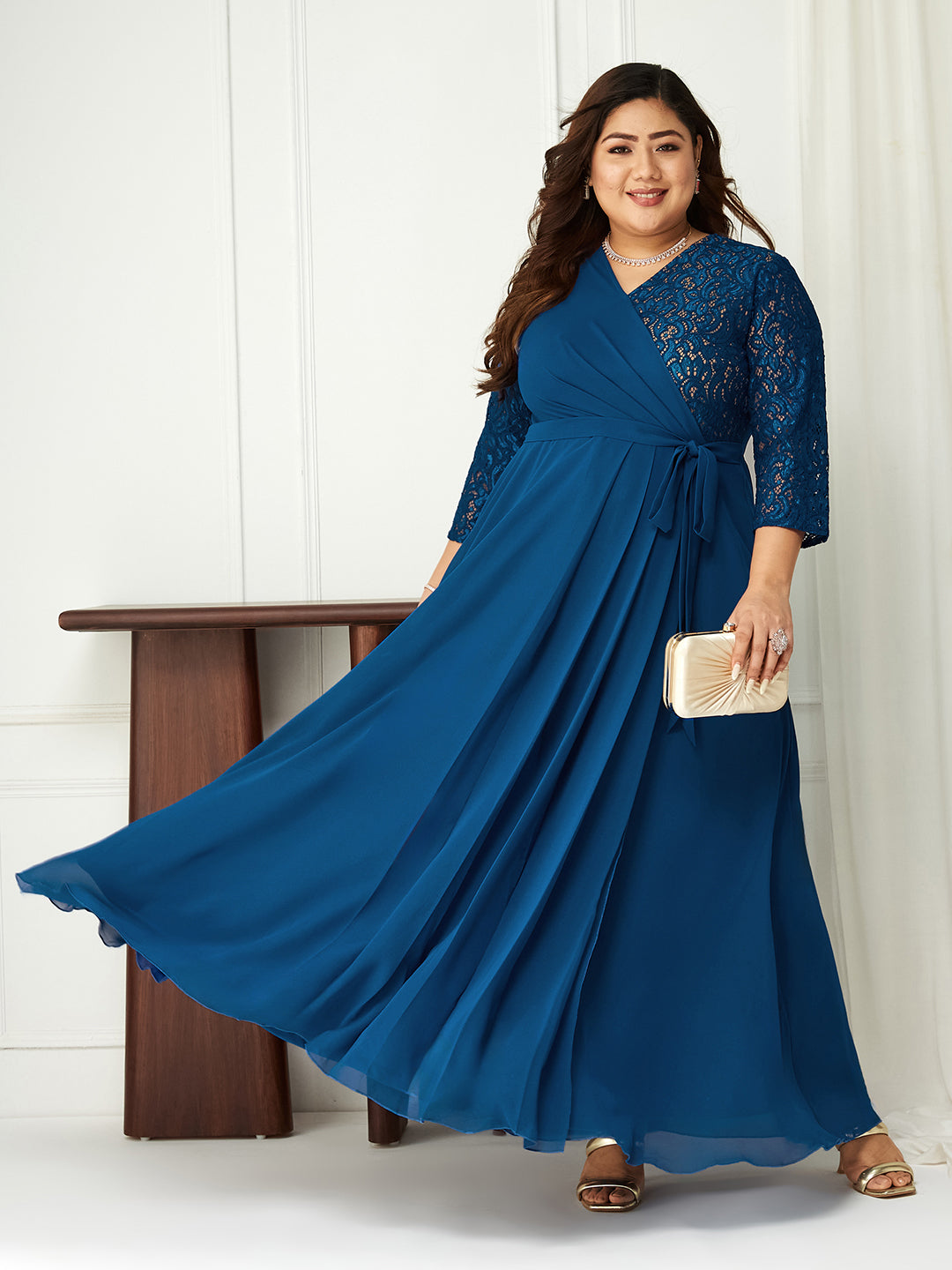 Royal Blue V-Neck 3/4 Sleeve Self-Designed Wrap-Styled Georgette Maxi Dress for Women