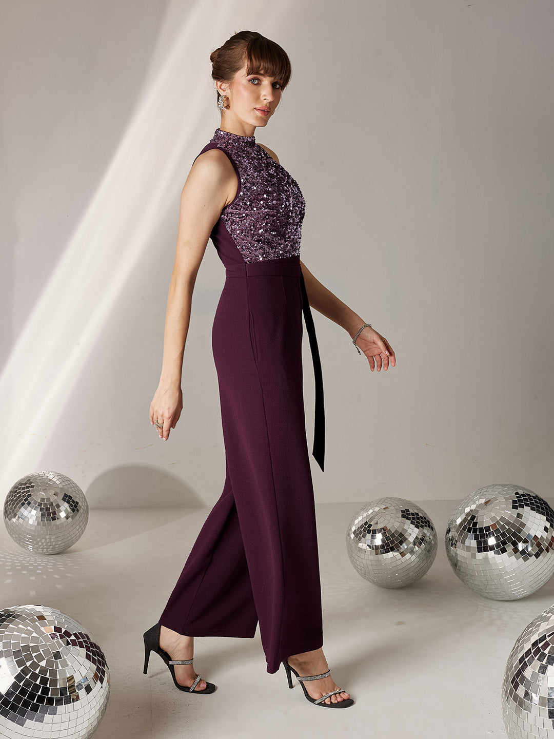 Women's Dark Purple Halter Neck Sleeveless Embellished Regular-Length Jumpsuit