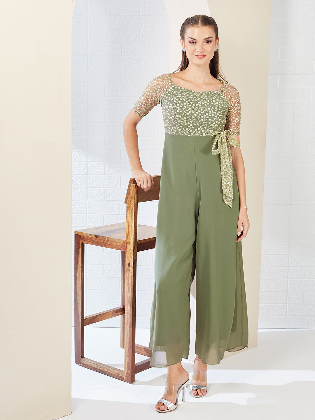 Light Green Square Neck Raglan sleeve Solid Embroidered Regular Jumpsuit for Women — Miss Chase