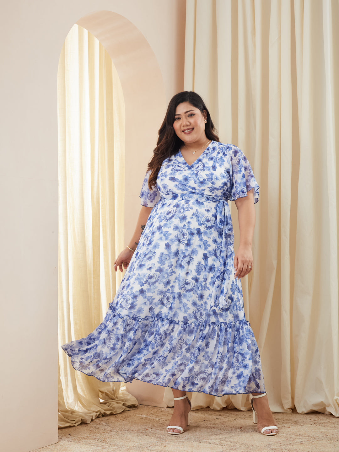 Women's Multicolored Floral Wrap Chiffon Maxi Dress with White Base & Flutter Sleeves Women's Multicolored Floral Wrap Chiffon Maxi Dress with White Base & Flutter Sleeves