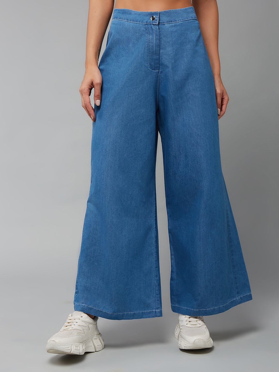 Women's Blue Wide-Leg High-Rise Light Weight Clean-Look Regular Length Denim Pants