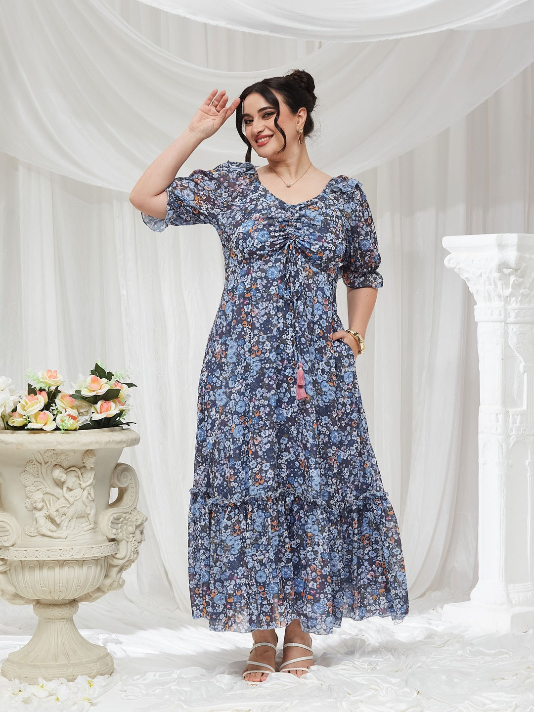Navy Blue V-Neck Puff Sleeve Floral Ruching Ankle-Length Dress for Women