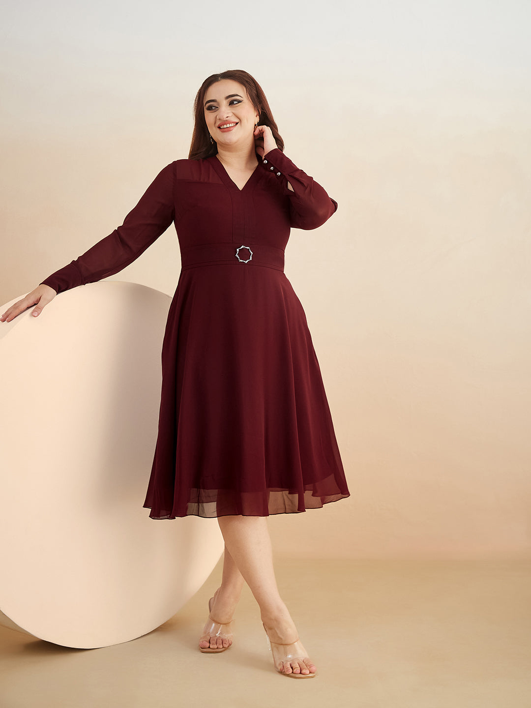 Women's Wine Red V-Neck Full Sleeve Solid Fit & Flare Midi Dress