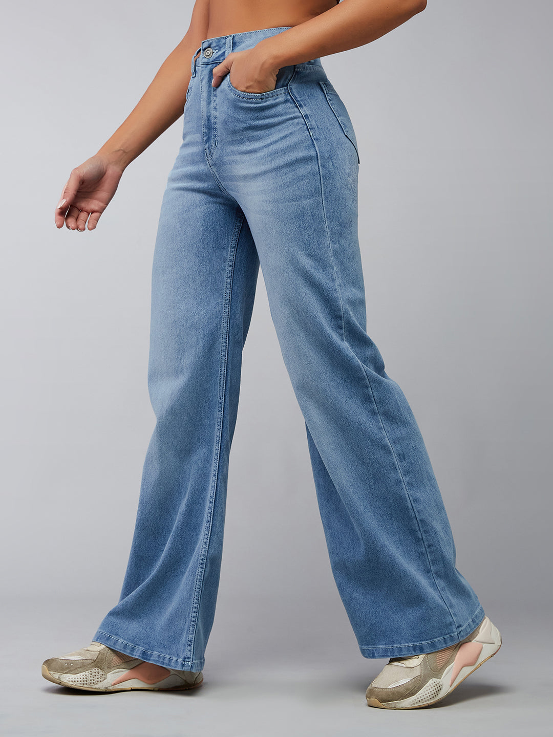 Women's Light Blue Wide-Leg High-Rise Clean-Look Regular-Length Stretchable Denim Jeans