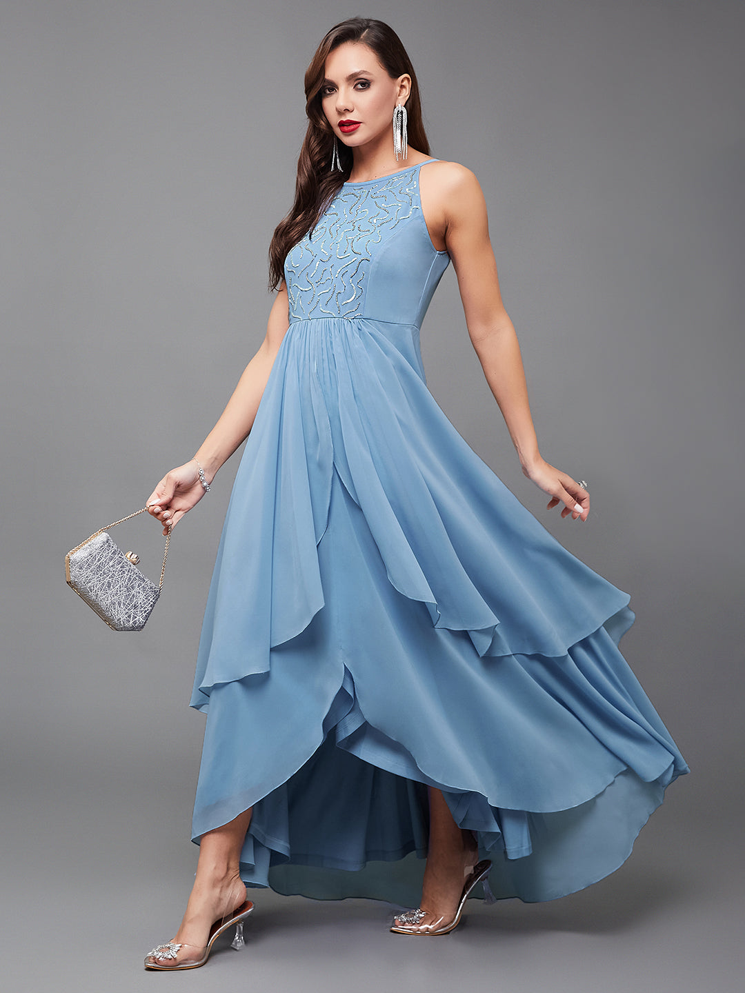 Women's Powder Blue Halter-Neck Sleeveless Embroidered Layered Georgette Maxi Dress