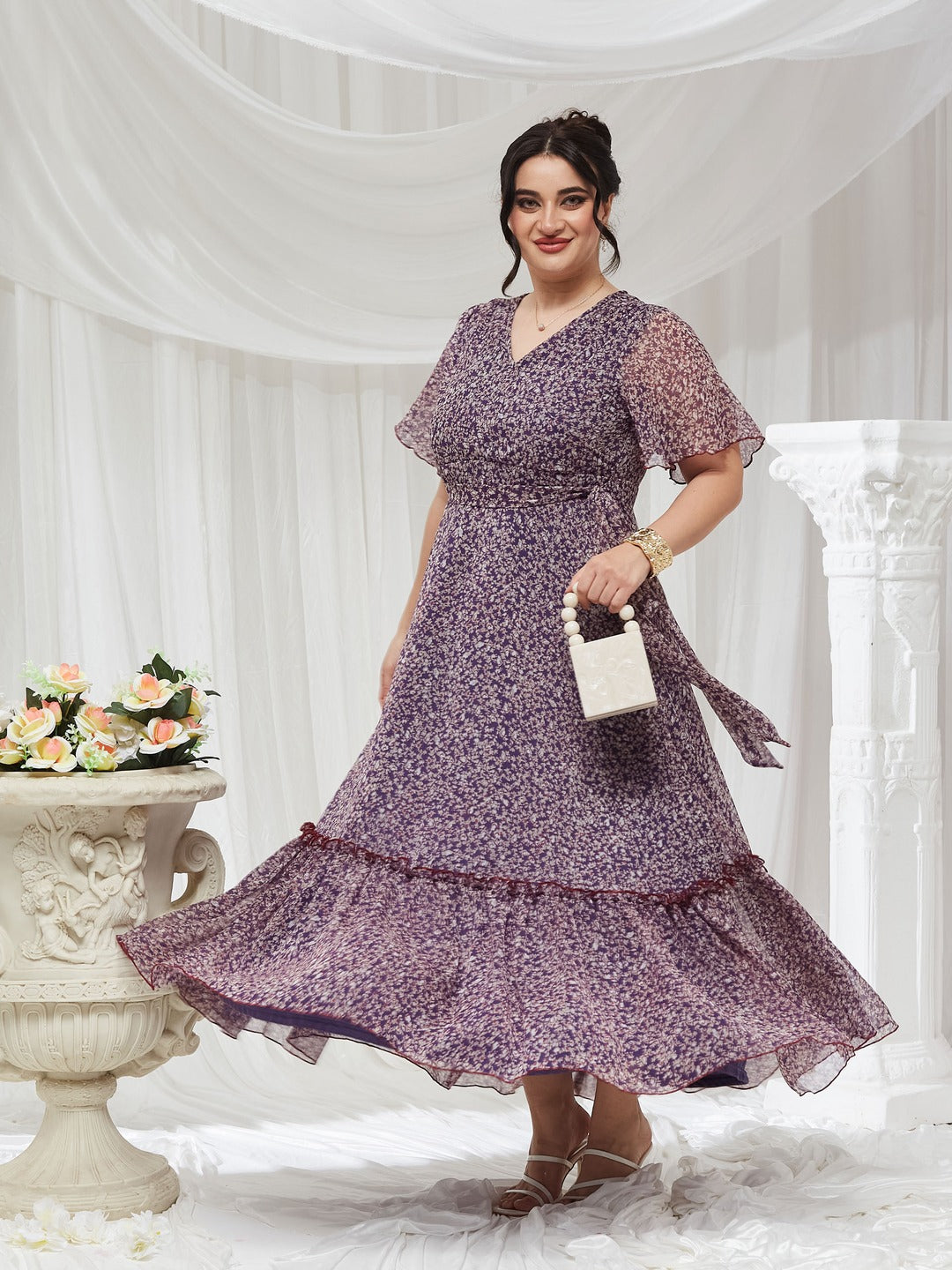 Purple V Neck Flared Sleeve Floral Wrap Chiffon Maxi Dress for Women