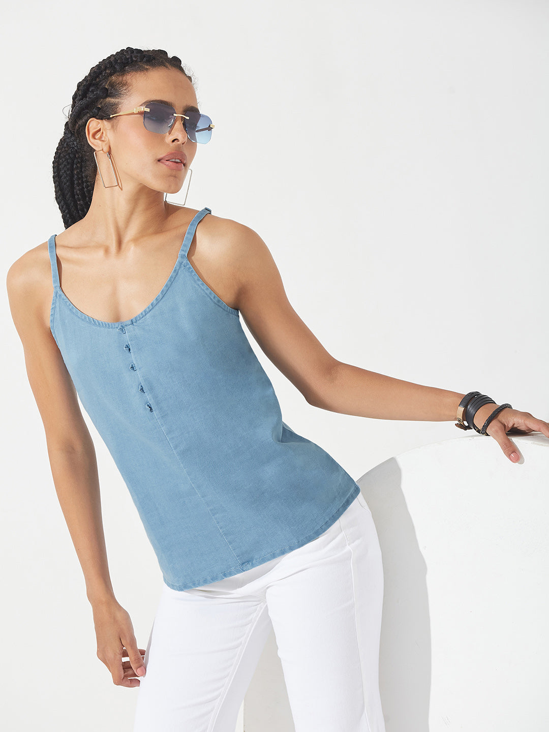 Light-Blue V Neck Sleeveless Cotton Solid Denim Spaghetti Top for Women