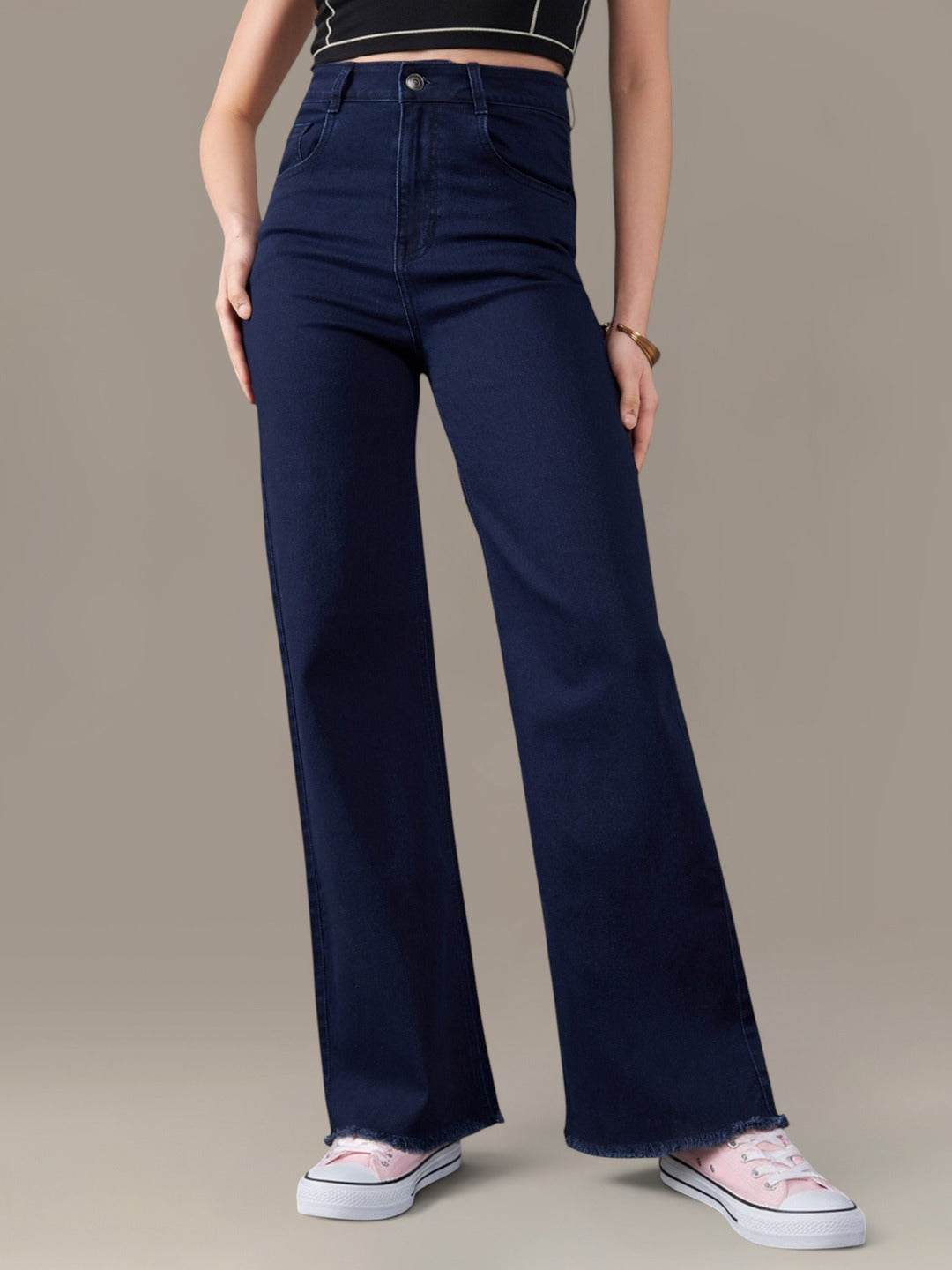 Navy Blue Wide-Leg High-Rise Stretchable Denim Jeans for Women