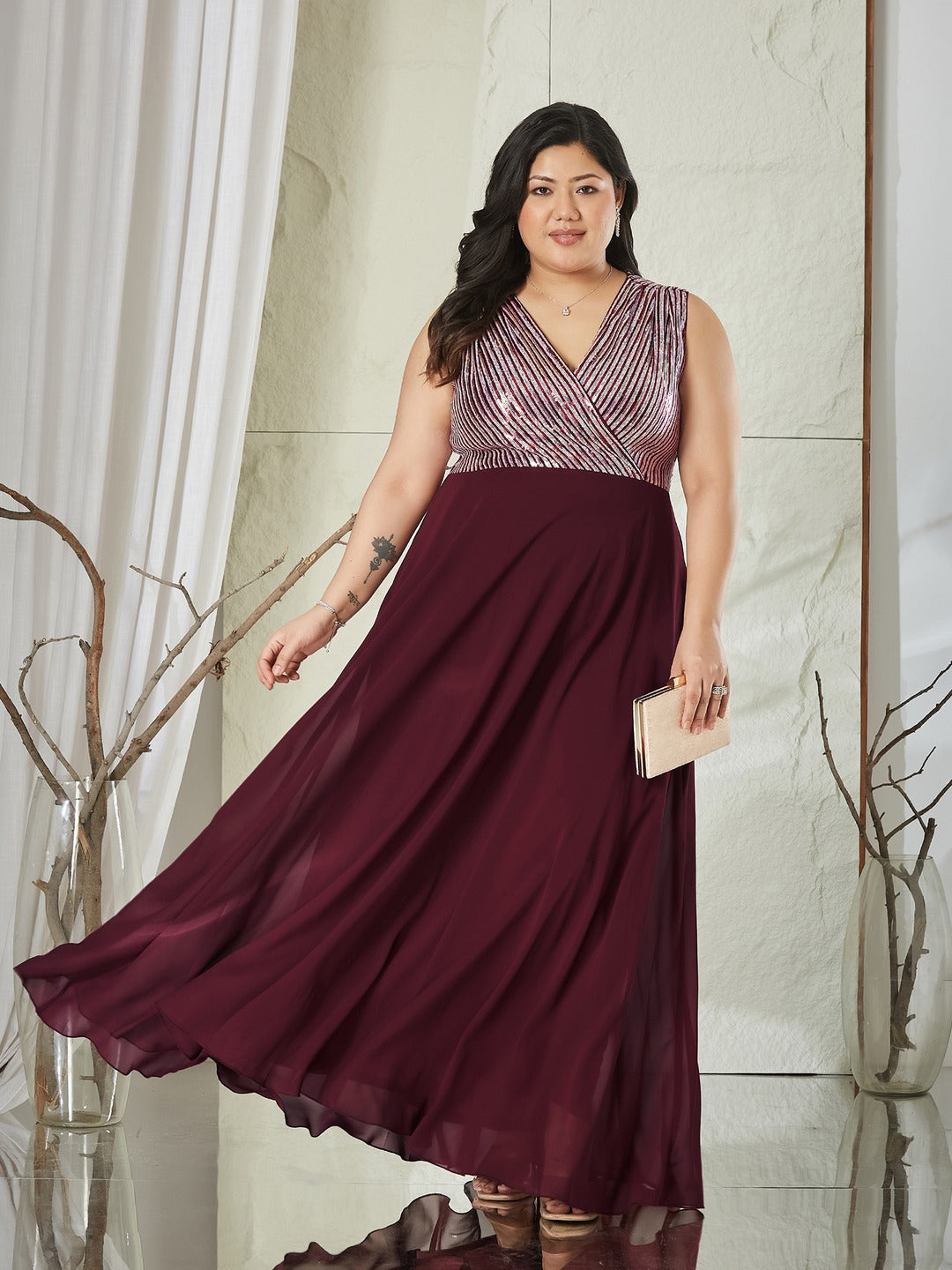 Wine V-Neck Sleeveless Embellished Wrap-Styled Maxi Georgette Dress for Women