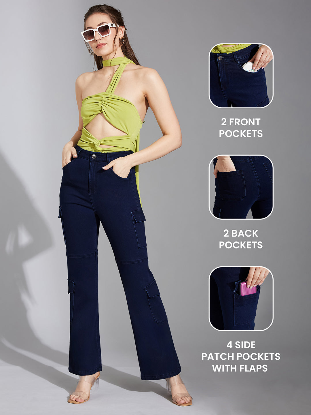 Women's Navy Blue Wide-Leg High-Rise Clean-Look Stretchable Denim Jeans
