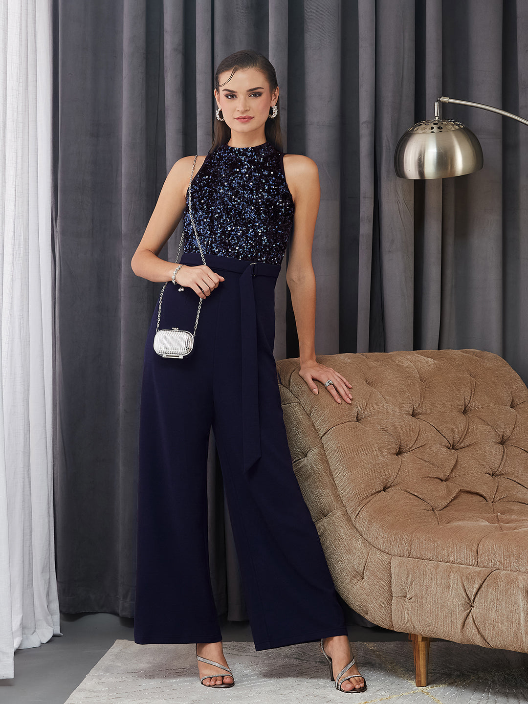 Women's Navy Blue Halter Neck Sleeveless Embellished Regular-Length Jumpsuit