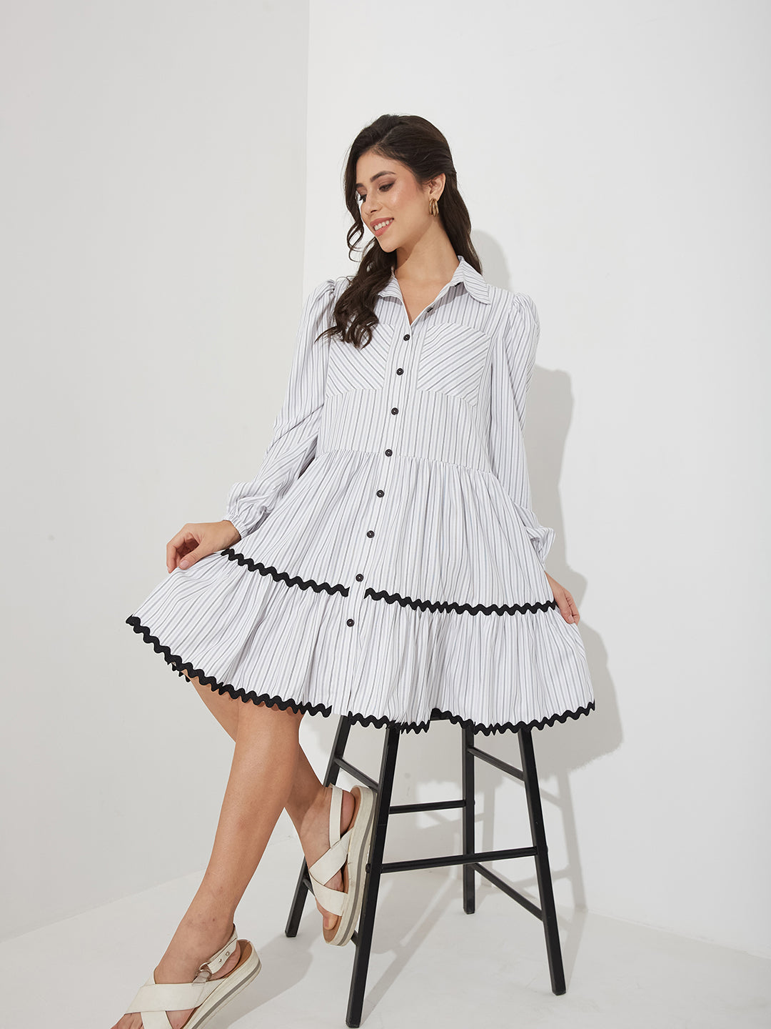 Black & Grey Striped Cotton Shirt Dress with Balloon Sleeves and Chest Pockets for Women