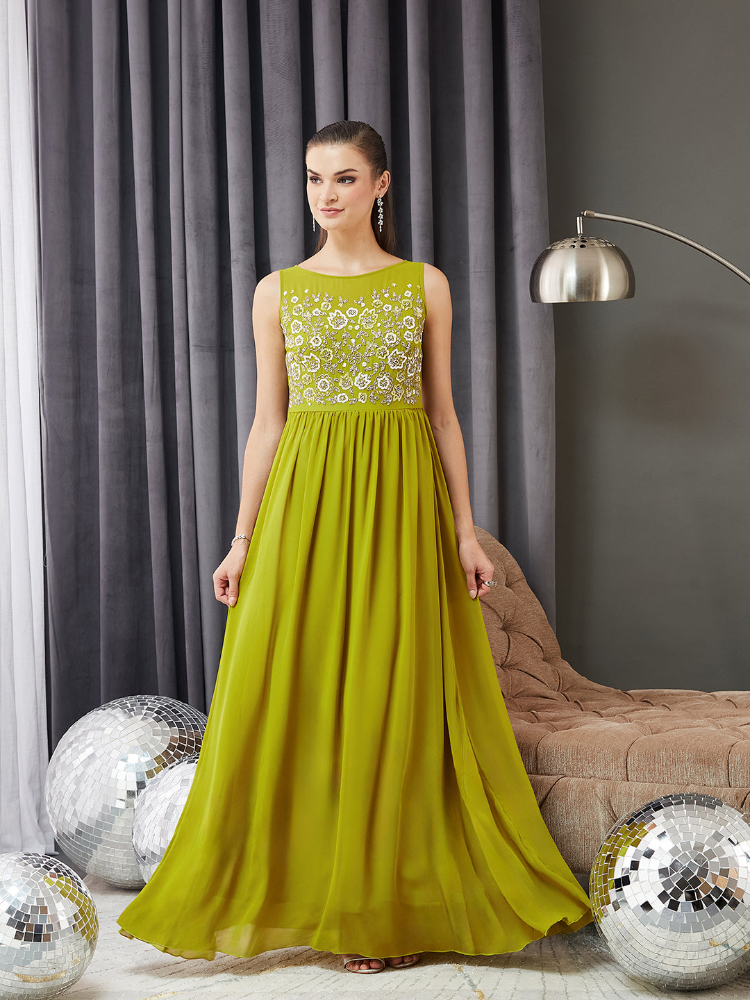 Women's Lemon Green Boat Neck Sleeveless Embroidered Georgette Gathered Maxi Dress
