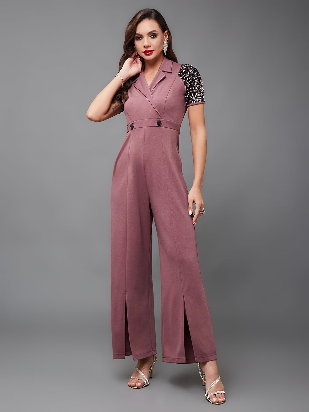 Women's Mauve Collared Raglan Sleeve Embellished Wrap Jumpsuit