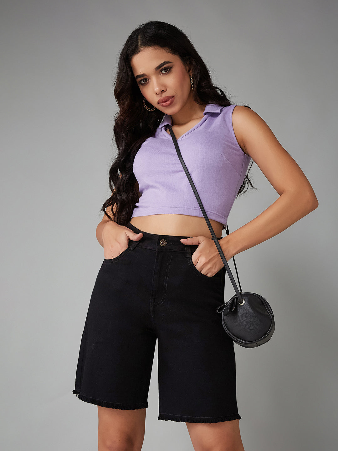 Black Regular High-Rise Clean-Look Above Knee Stretchable Denim Shorts for Women