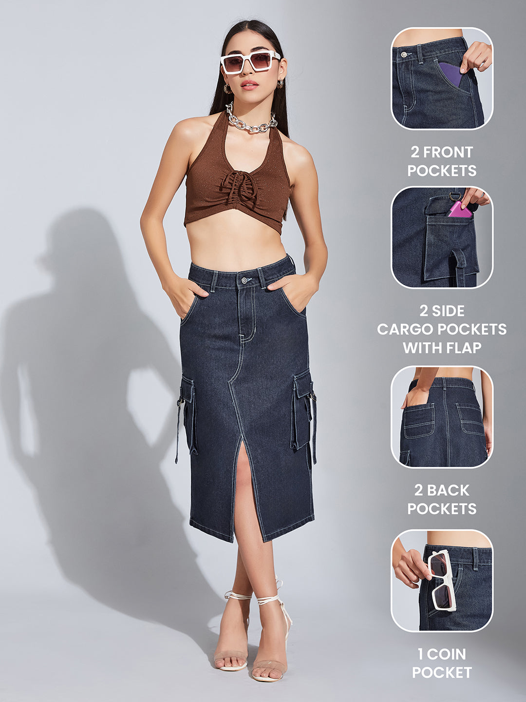 Women's Navy Blue Straight High-Rise Clean-Look Midi Denim Skirt
