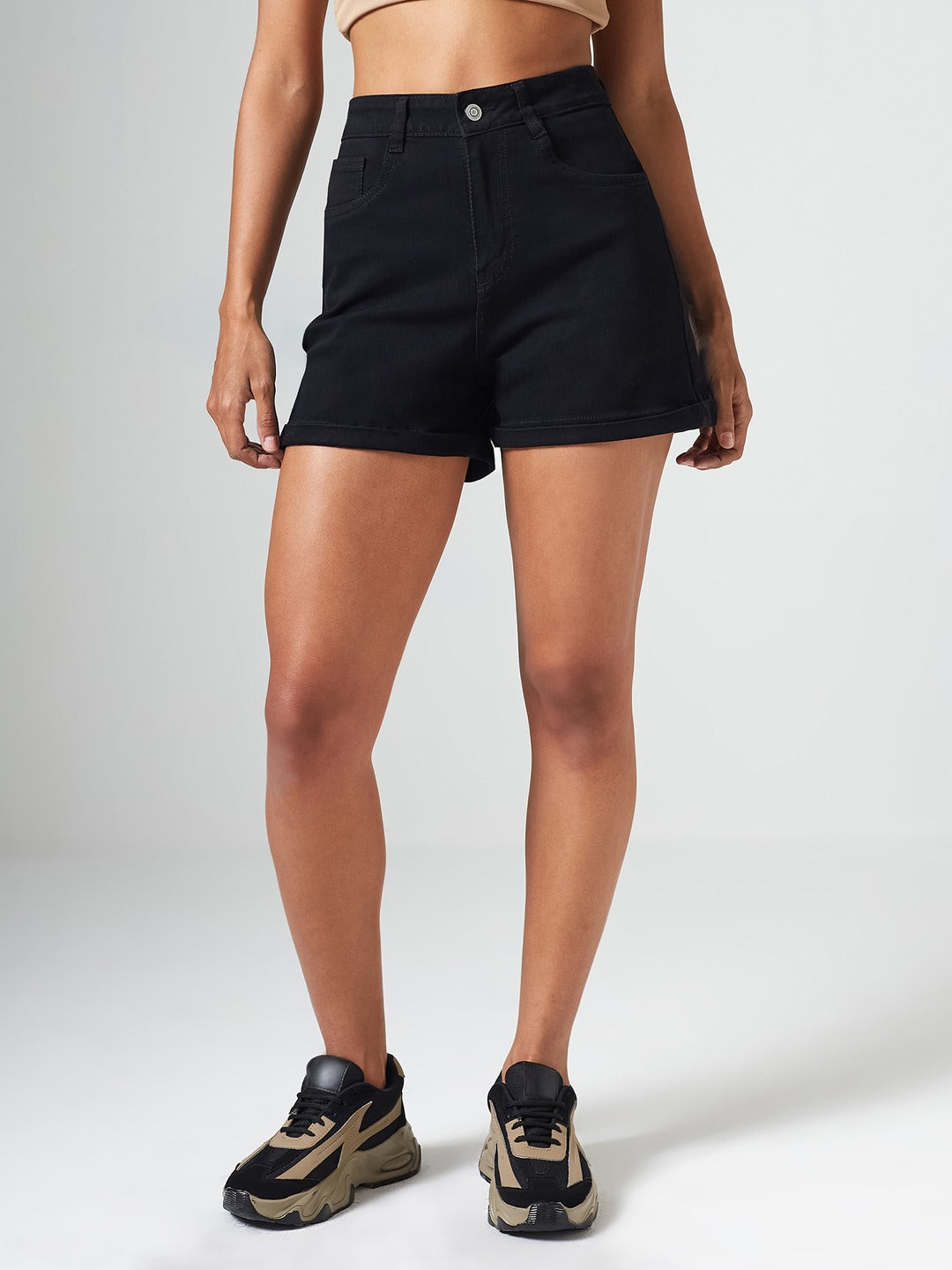 Black Flared High Rise Clean Look Regular Stretchable Denim Shorts for Women