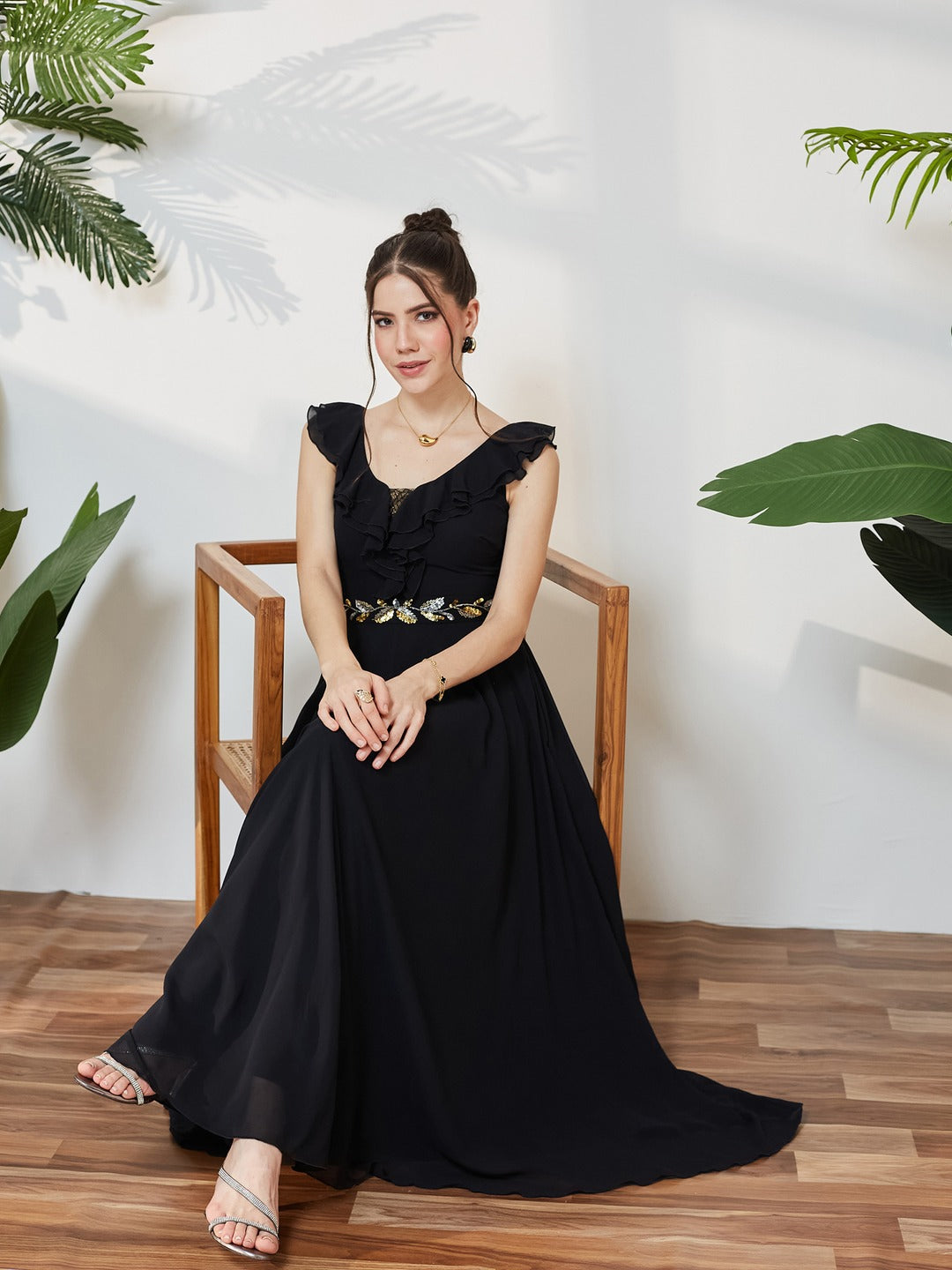 Black Sleeveless Embroidered Ruffled Georgette Maxi Dress for Women