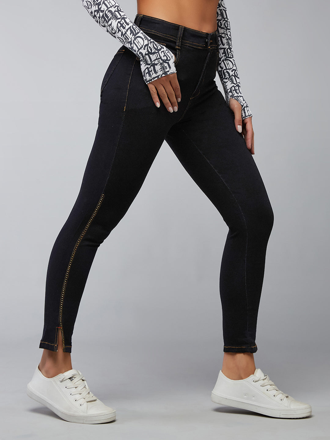 Women's Black Embellished Skinny High-Rise Side-Slit Solid Cropped-Length Stretchable Denim Jeans