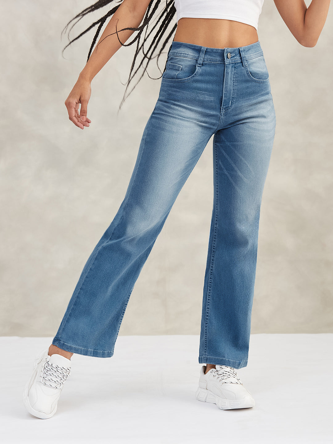 Women's Light Blue Wide-Leg Mid-Rise Blast-Effect Lightweight Denim Jeans