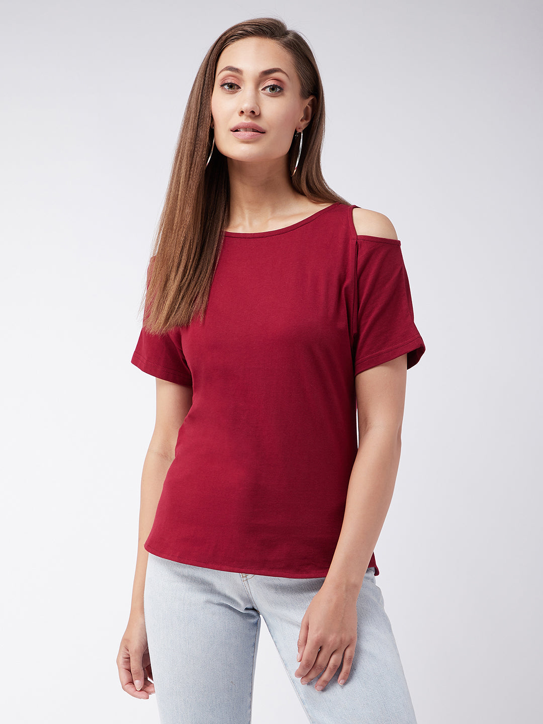 Women's Maroon Round Neck Half Sleeve Solid Cut Out Top