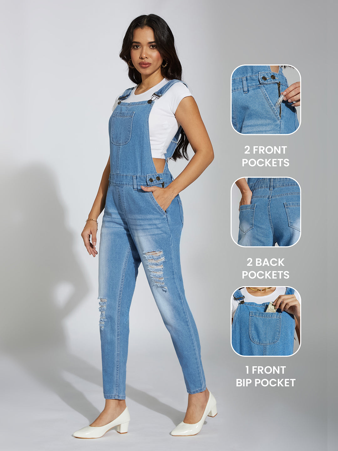 Women's Light Blue Regular Fit Mid Rise Ripped Denim Dungaree