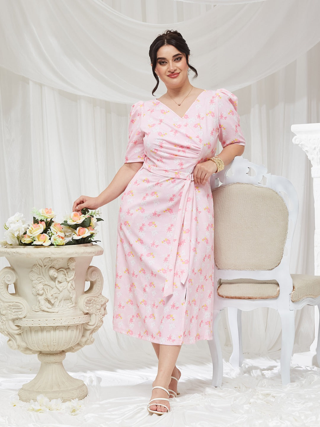 Pink V-neck Puff Sleeve Floral Wrap Midi Dress for Women
