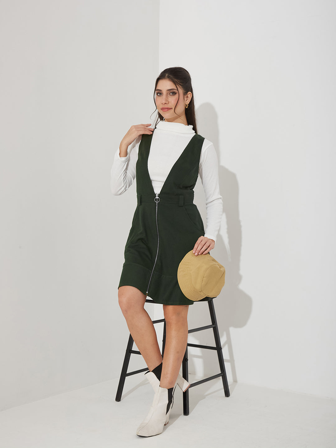 Bottle Green Solid Polyester Pinafore Dress with Zipper Detail and Side Pockets for Women