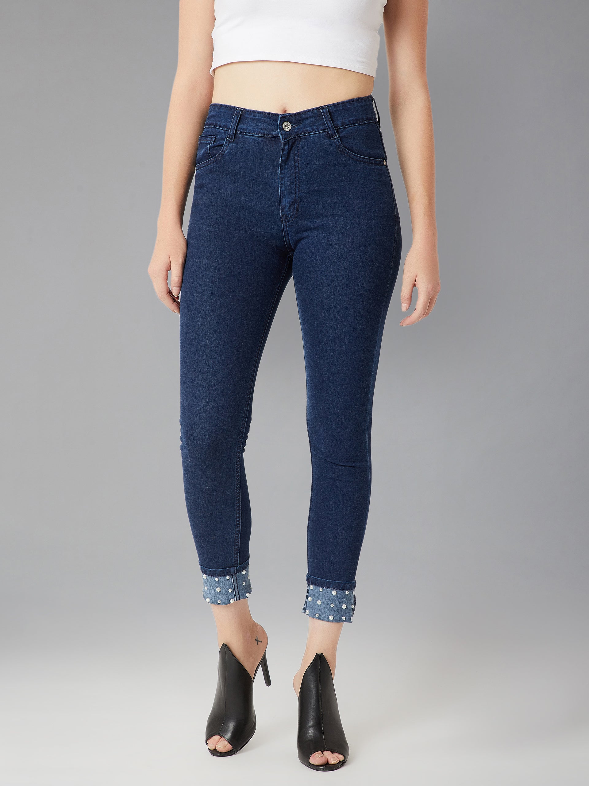 24/7 Comfort Navy-Blue Skinny-Fit High-Rise Pearl Embellished Stretchable Denim Jeans