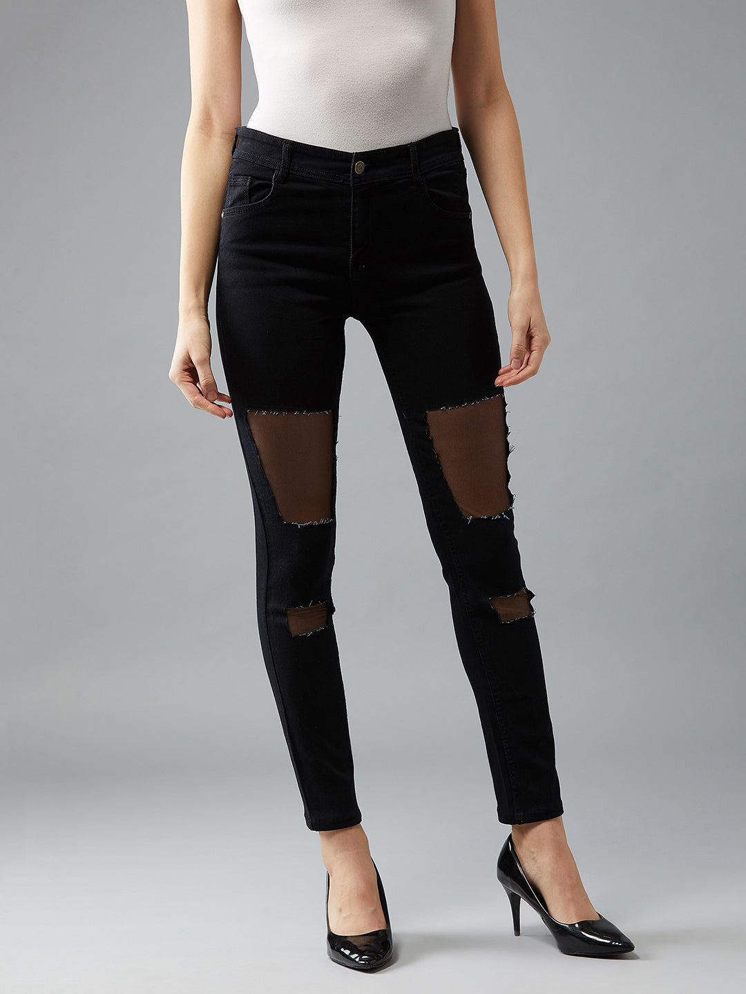 Women's Black Slim-Fit High-Rise Mild Distressed Ripped Net Detailing Stretchable Denim Jeans