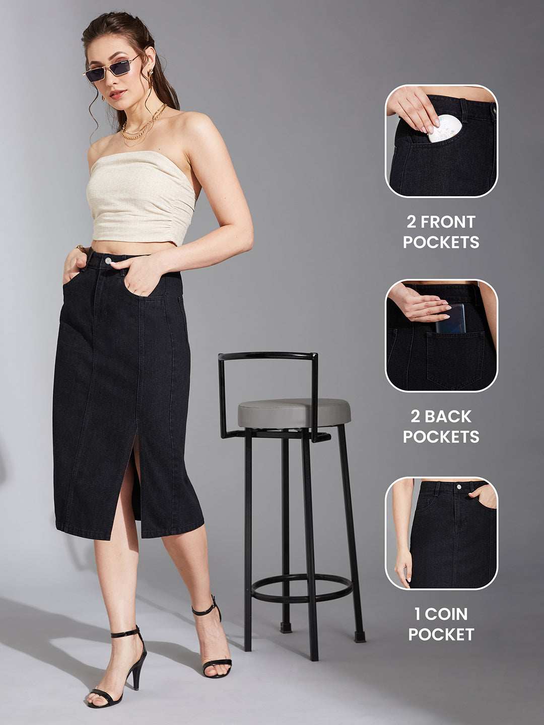 Black Straight-Fit High-Rise Clean-Look Stretchable Denim Midi Skirt for Women — Life With Pockets