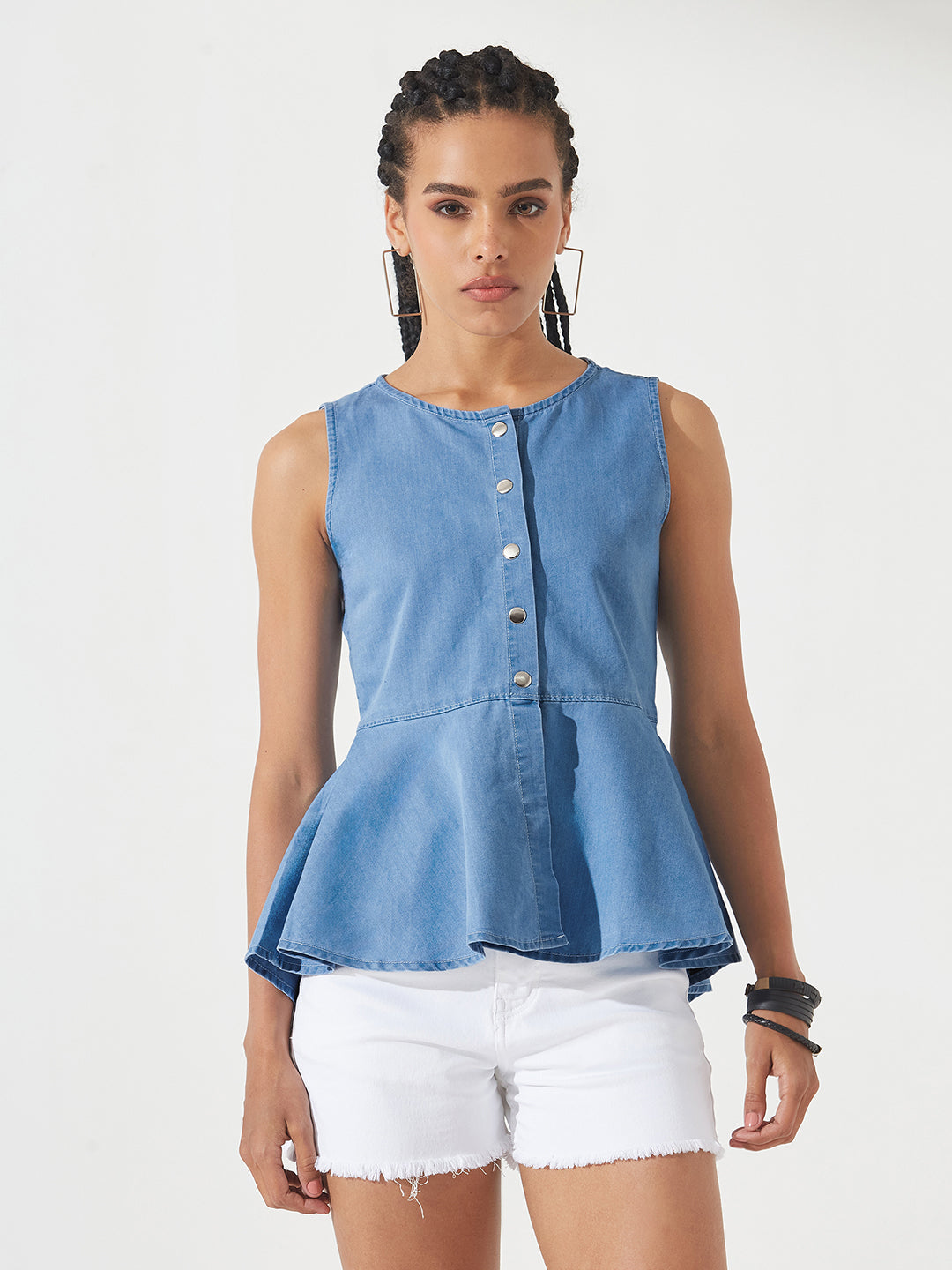 Blue Round Neck Sleeveless Denim Front Open Solid Hooded Peplum Top for Women