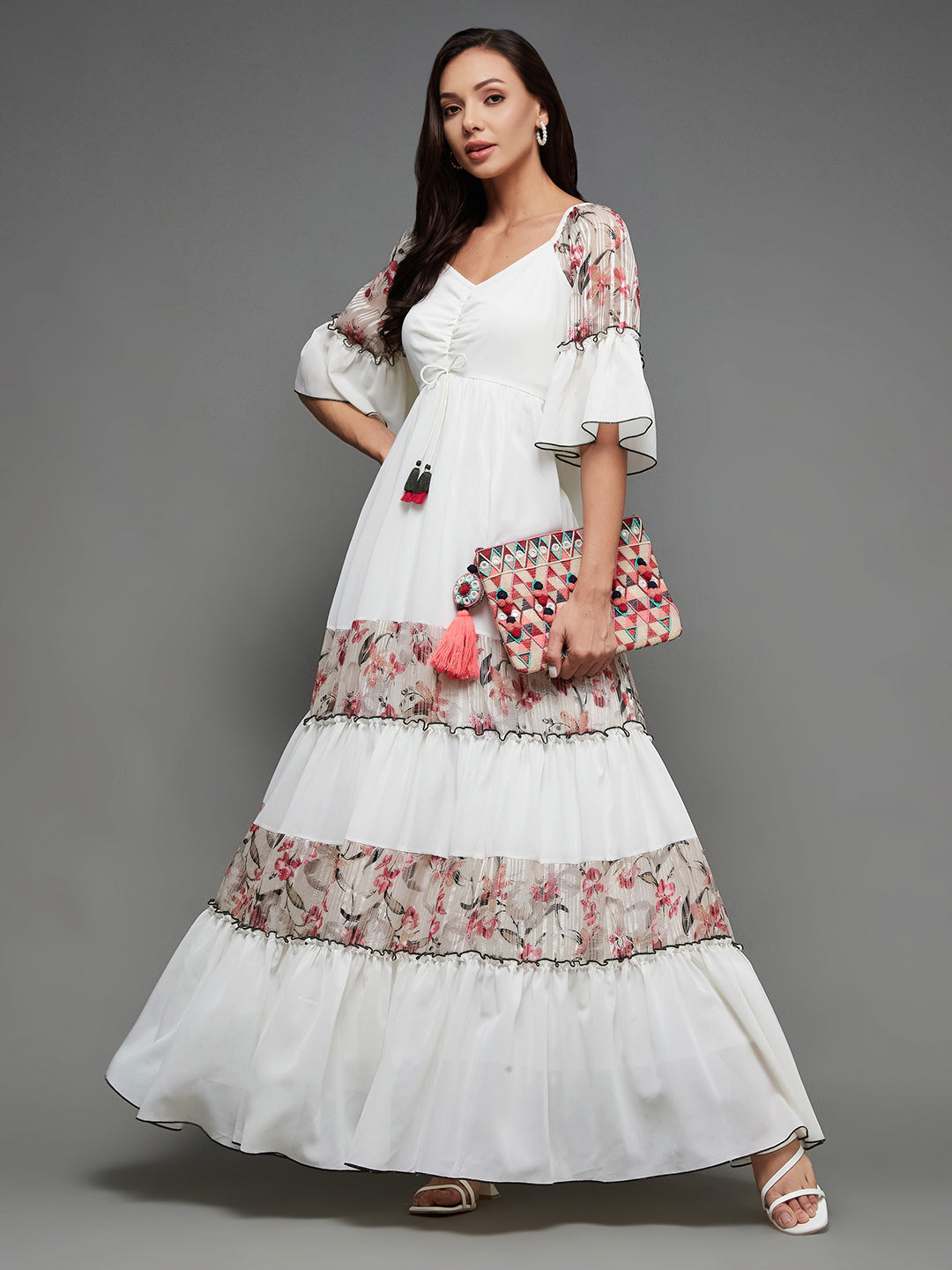 Women's Multicolored-Base-Off White Sweetheart Neckline Ruffled Sleeve Floral Patterned Tiered Maxi Georgette Dress