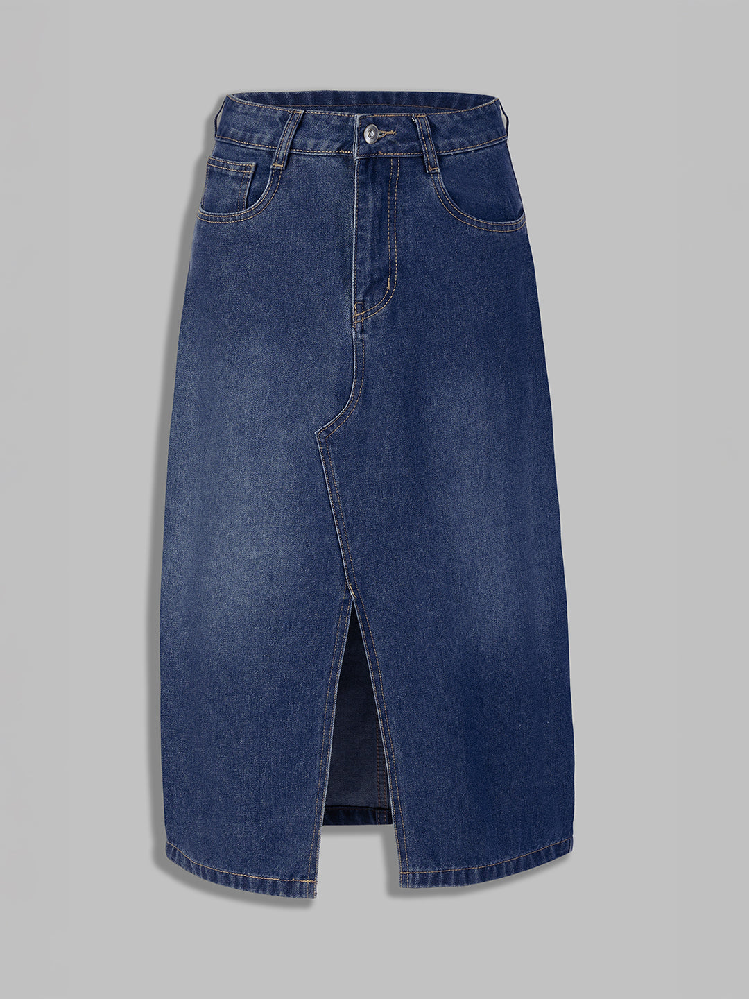 Women's Dark Blue A-Line High-Rise Non-Stretchable Denim Midi Skirt