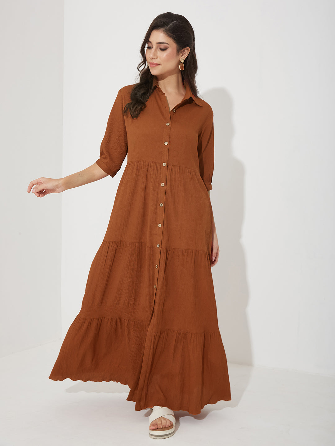 Rust Solid Polyester Shirt Maxi Dress with Bishop Sleeves and Tiered Hem for Women