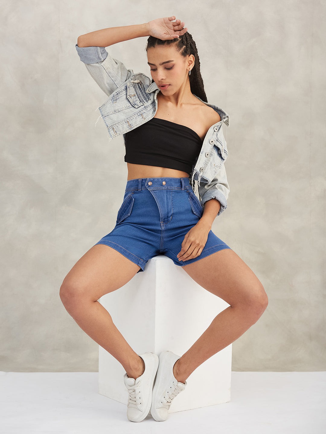Relaxed-Fit Mid-Rise Stretchable Blue Denim Bermuda Shorts for Women
