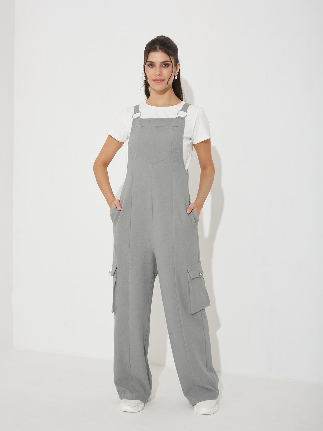 Solid Grey Dungarees for Women