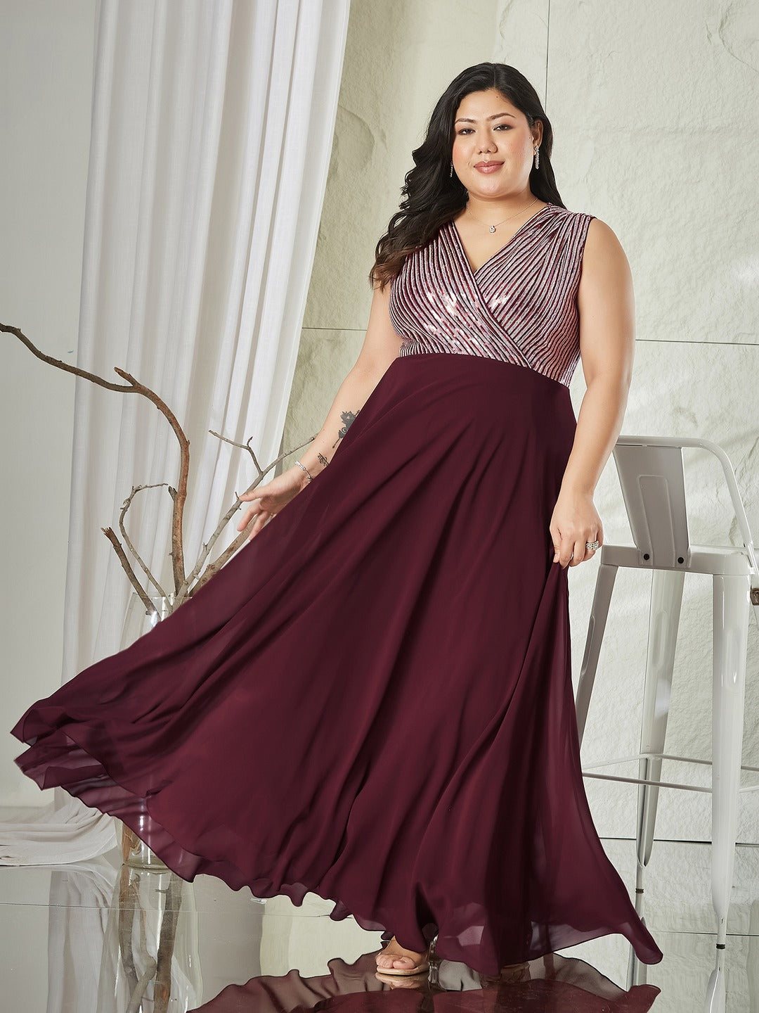 Wine V-Neck Sleeveless Embellished Wrap-Styled Maxi Georgette Dress for Women