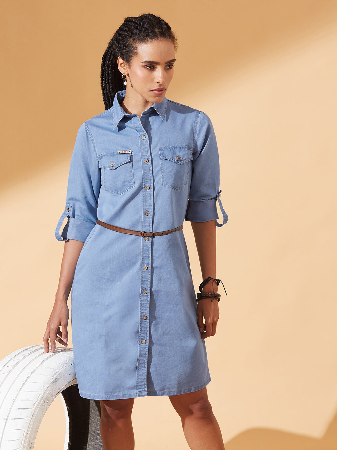 Blue Polo Neck Rolled Up Full Sleeve Denim Solid Buttoned A-Line Mini Dress for Women — Dolce Crudo
