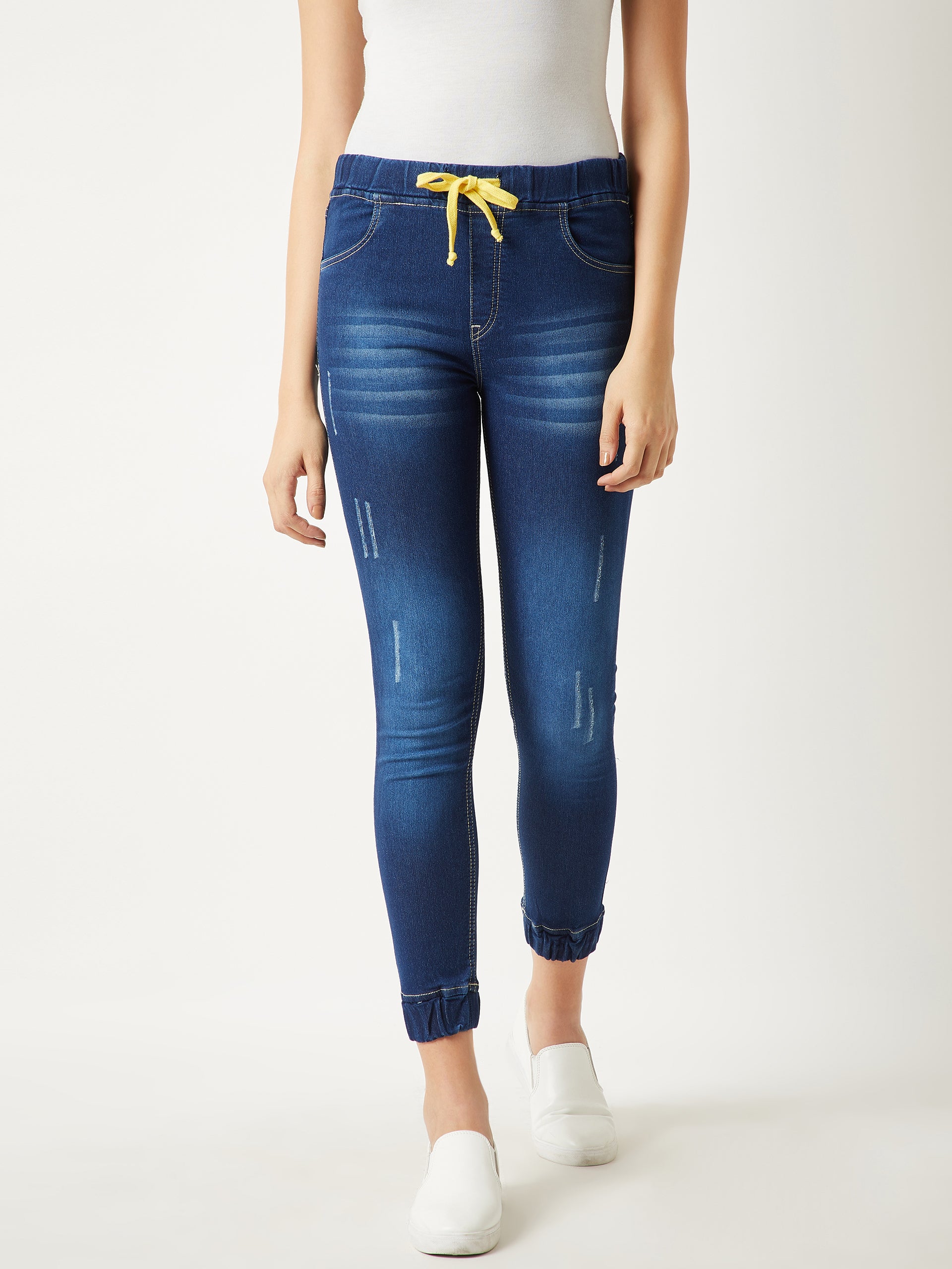 Women's Navy Blue Relaxed Fit Mid Rise Clean-Look Scraping Detail Ankle Length Denim Joggers