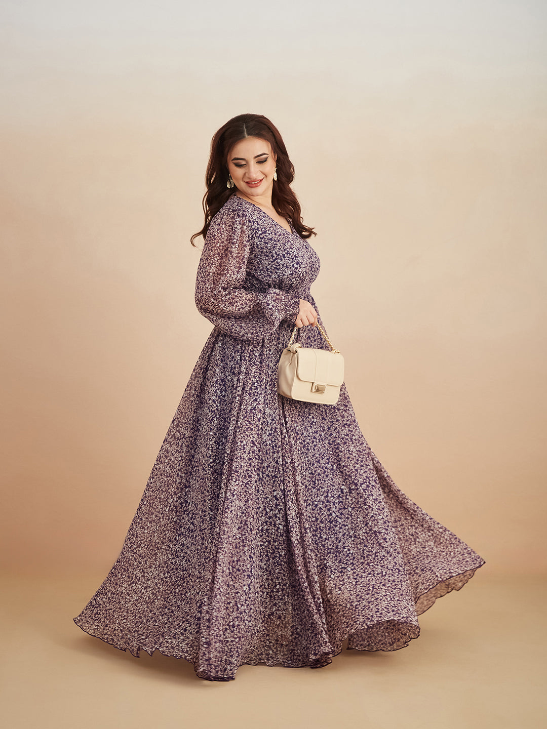 Multicolored-Base-Purple V-Neck Bishop Sleeve Floral Gathered Chiffon Maxi Dress for Women