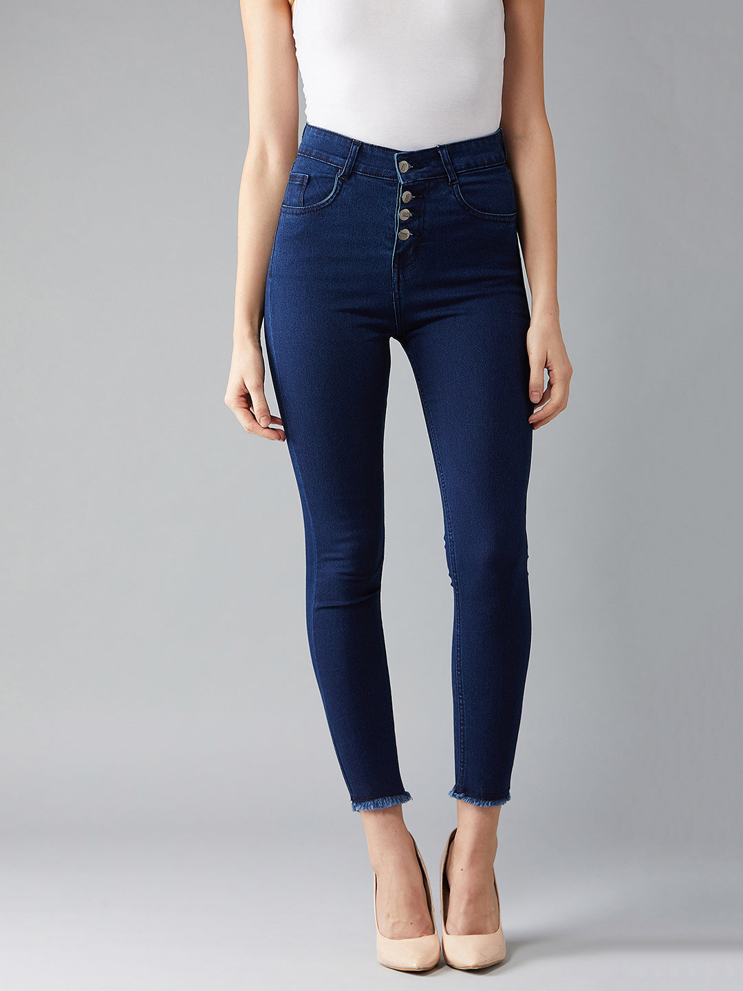 CHASEstretch™ Navy-Blue Skinny High-Rise Solid Fringed Hemline Cropped Denim Jeans