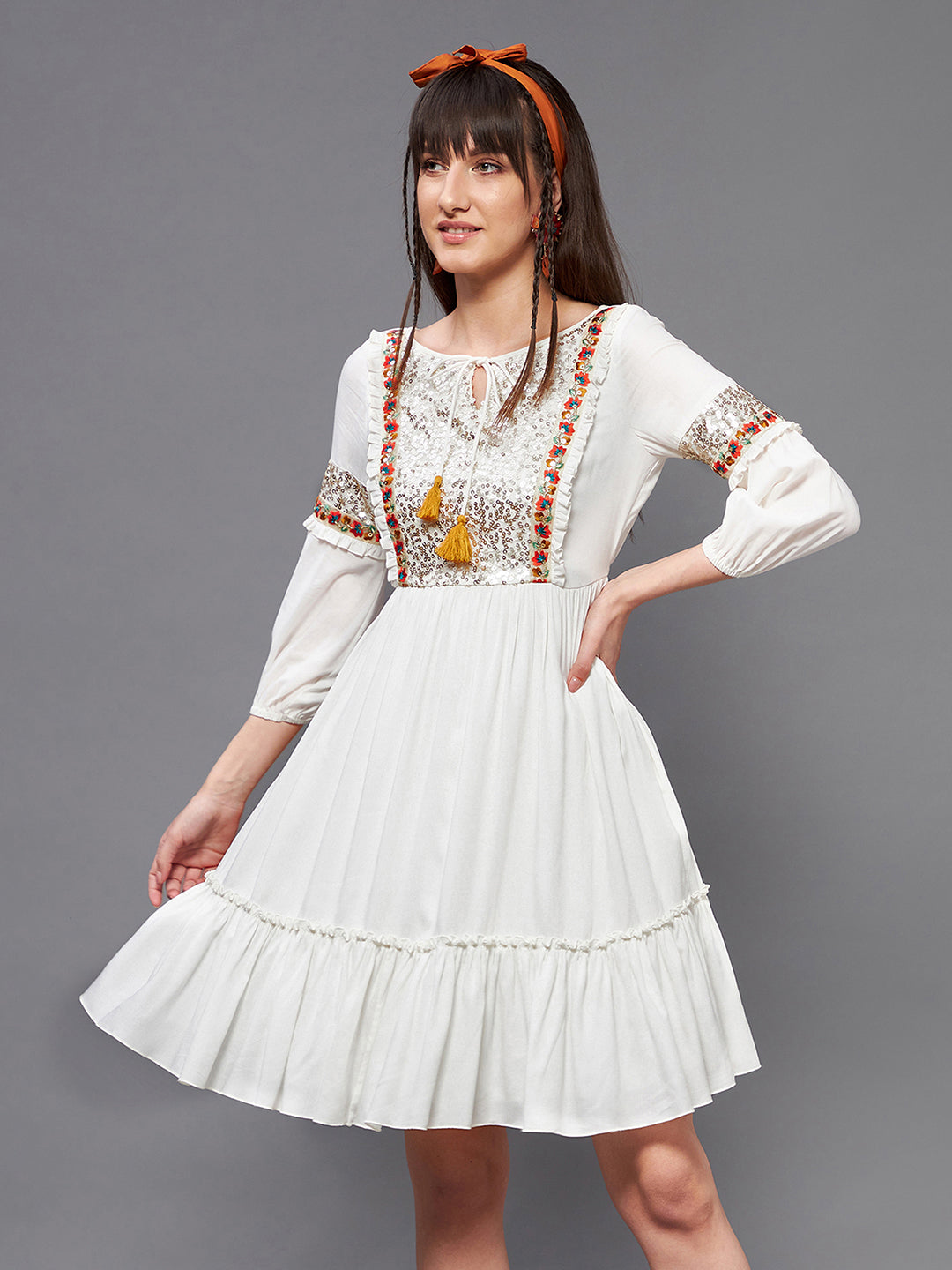 Women's Off-White Boat neck Bishop Sleeve Viscose Rayon Embellished Gathered Midi Dress