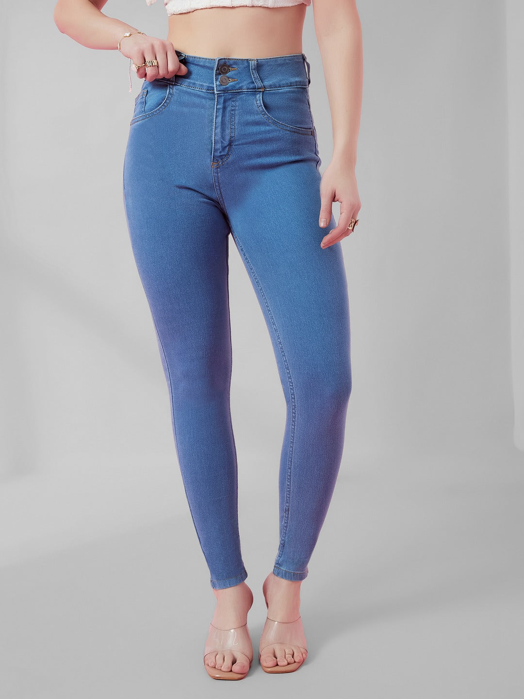 Blue Skinny Fit High-Rise Ice Wash Stretchable High Waist Denim Jeans for Women