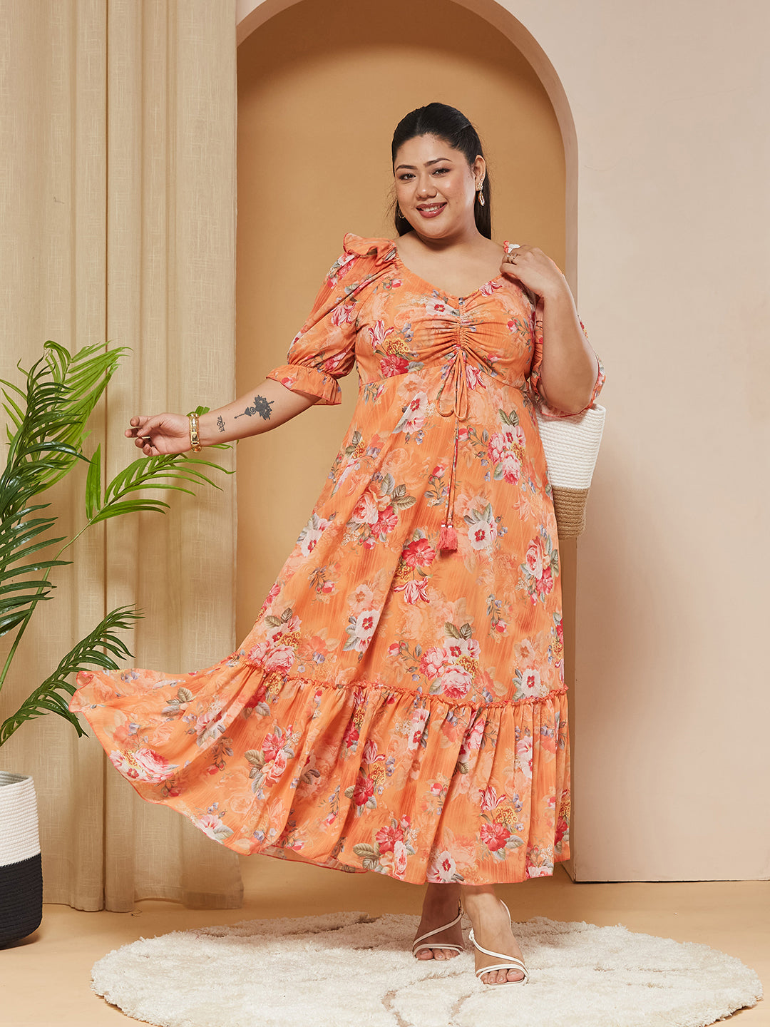 Multicolored-Base-Orange V-Neck Puff-Sleeves Floral Ruching Ankle-Length Dress for Women